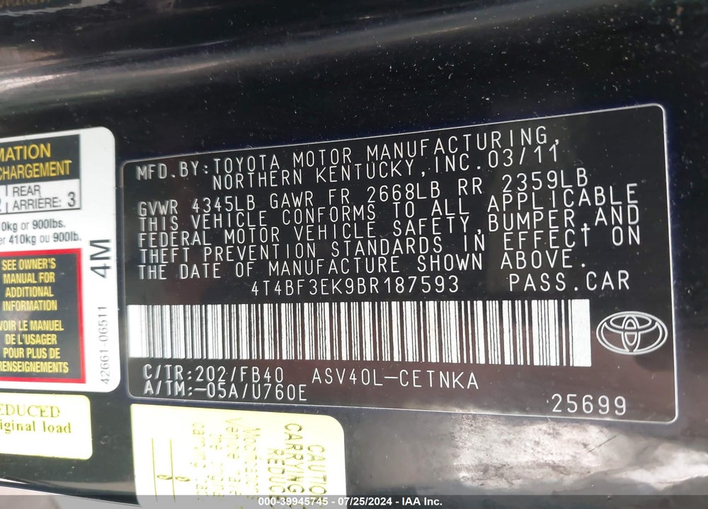2011 TOYOTA CAMRY LE/SE/XLE VIN: 4T4BF3EK9BR187593