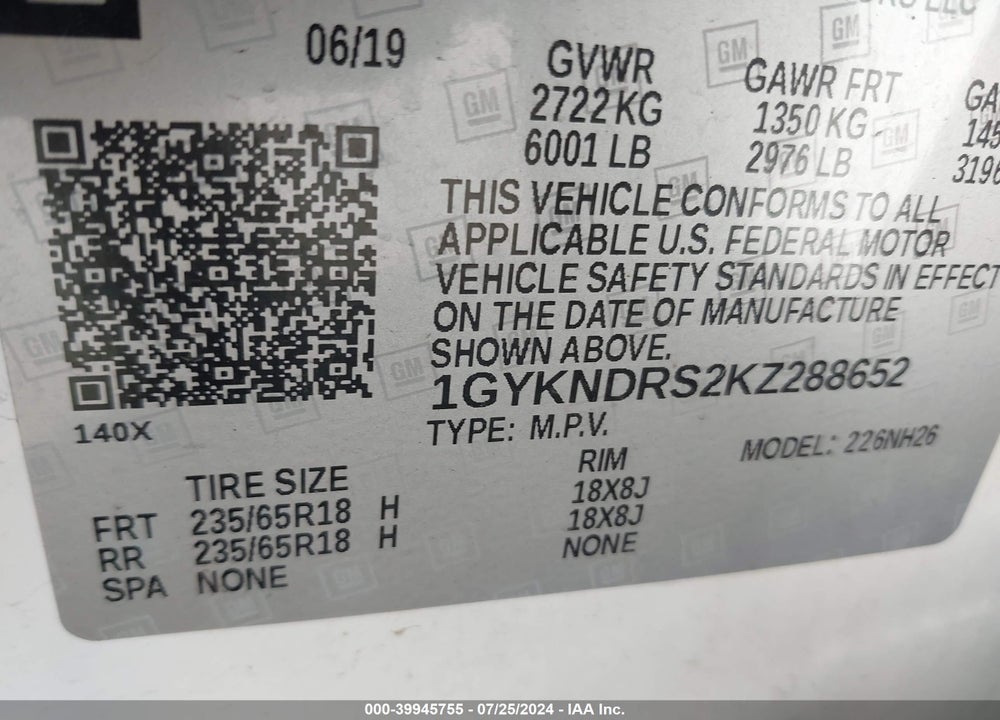 2019 CADILLAC XT5 LUXURY VIN: 1GYKNDRS2KZ288652