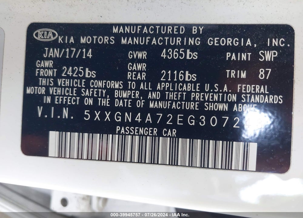 2014 KIA OPTIMA EX VIN: 5XXGN4A72EG307243