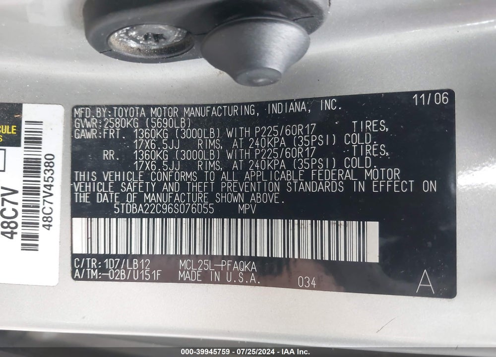 2006 TOYOTA SIENNA XLE LIMITED VIN: 5TDBA22C96S076055