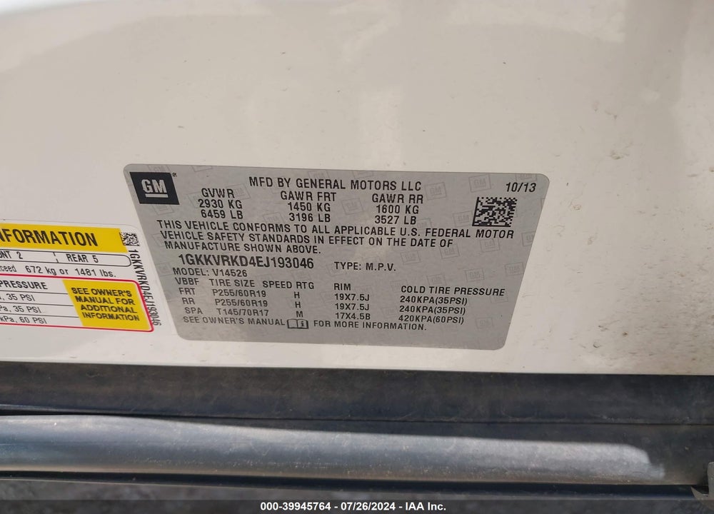 2014 GMC ACADIA VIN: 1GKKVRKD4EJ193046