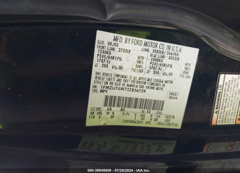 2003 FORD EXPLORER EDDIE BAUER VIN: 1FMZU74W73ZB56759