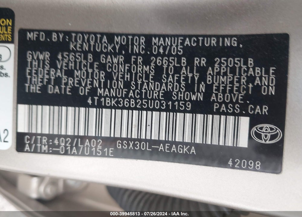 2005 TOYOTA AVALON LIMITED/TOURING/XL/XLS VIN: 4T1BK36B25U031159
