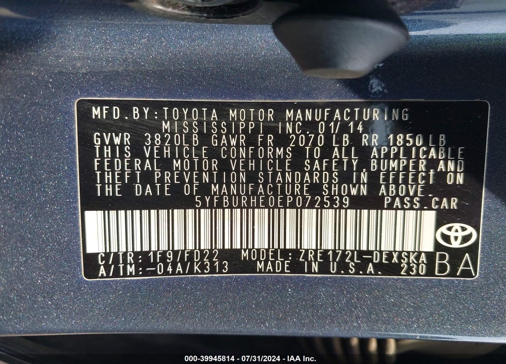 2014 TOYOTA COROLLA S PLUS VIN: 5YFBURHE0EP072539