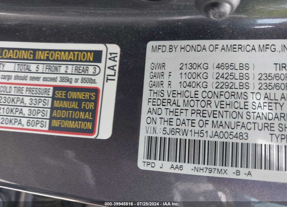 2018 HONDA CR-V EX VIN: 5J6RW1H51JA005483
