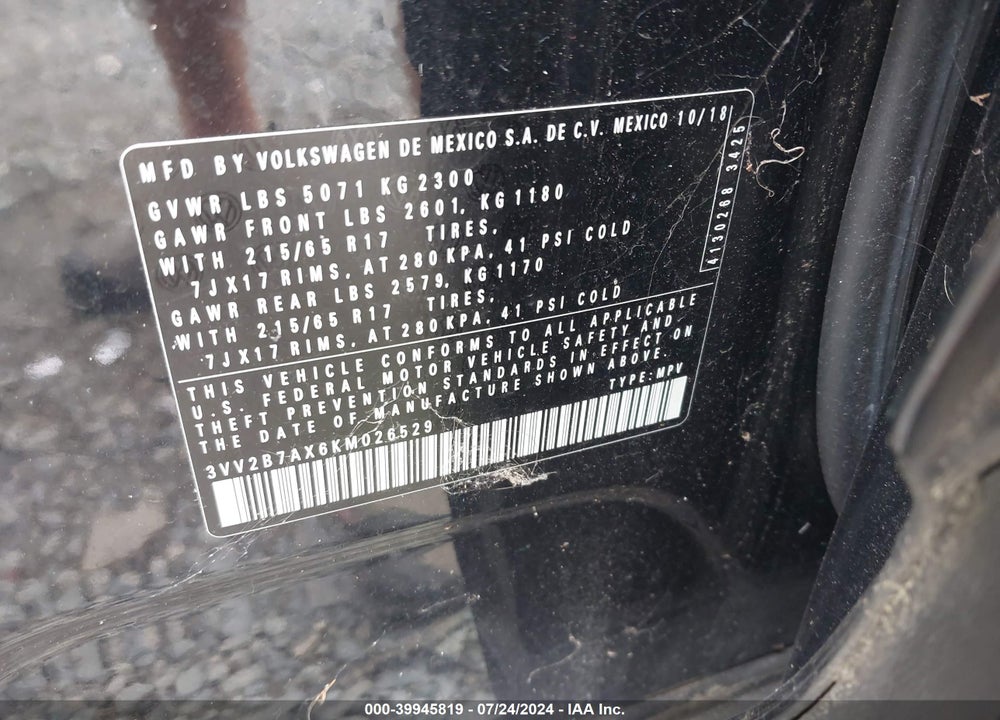 2019 VOLKSWAGEN TIGUAN 2.0T SE/2.0T SEL/2.0T SEL R-LINE/2.0T SEL R-LINE BLACK VIN: 3VV2B7AX6KM026529