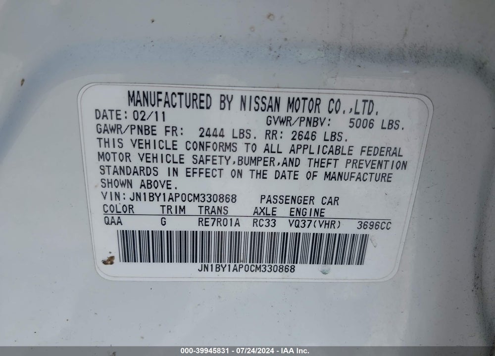 2012 INFINITI M37 VIN: JN1BY1AP0CM330868