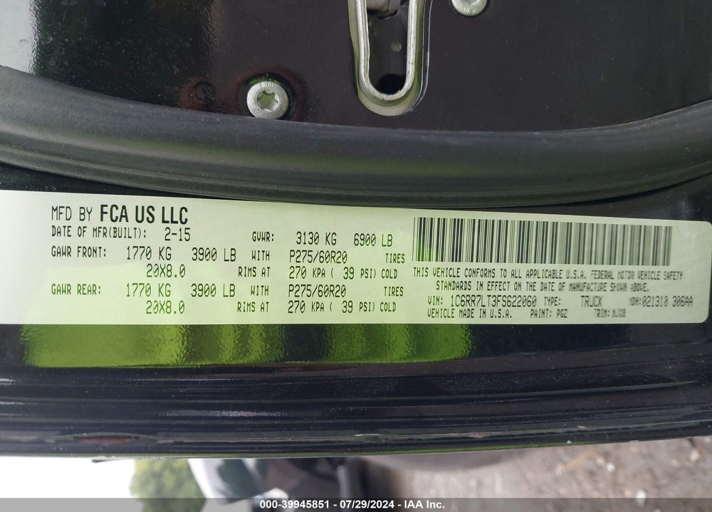 2015 RAM 1500 OUTDOORSMAN VIN: 1C6RR7LT3FS622060
