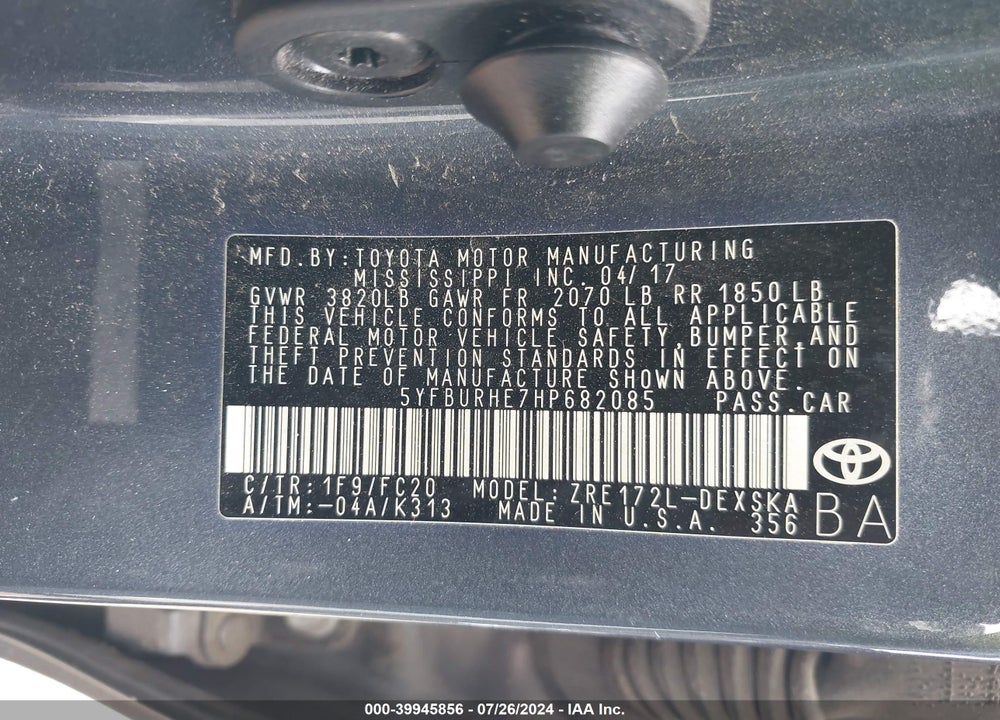 2017 TOYOTA COROLLA L/LE/SE/SE SPECIAL EDITION/XLE/XSE VIN: 5YFBURHE7HP682085
