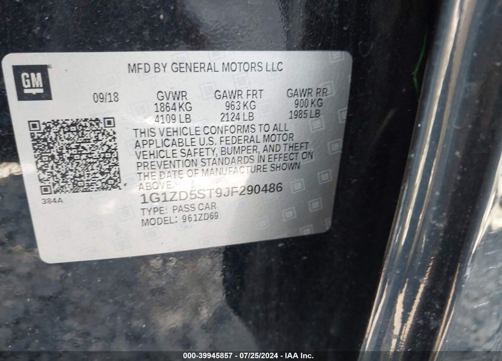 2018 CHEVROLET MALIBU LT VIN: 1G1ZD5ST9JF290486