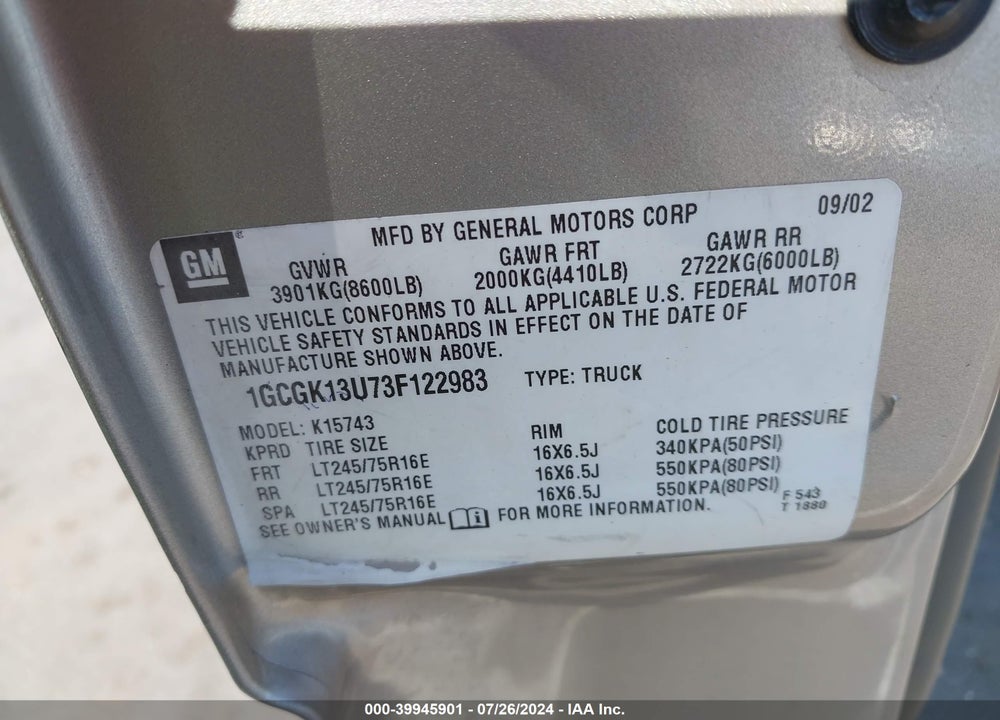 2003 CHEVROLET SILVERADO 1500HD LS VIN: 1GCGK13U73F122983