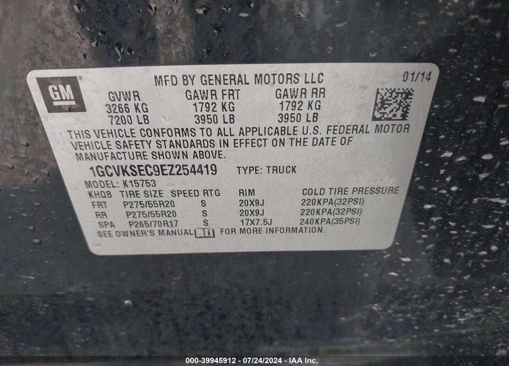 2014 CHEVROLET SILVERADO 1500 2LZ VIN: 1GCVKSEC9EZ254419