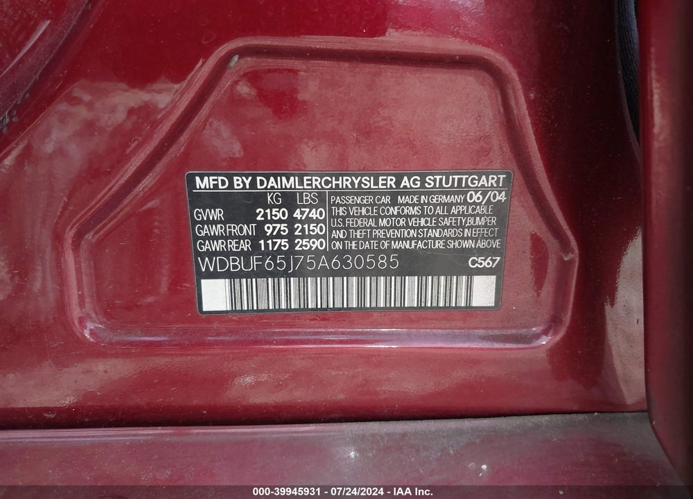 2005 MERCEDES-BENZ E 320 VIN: WDBUF65J75A630585
