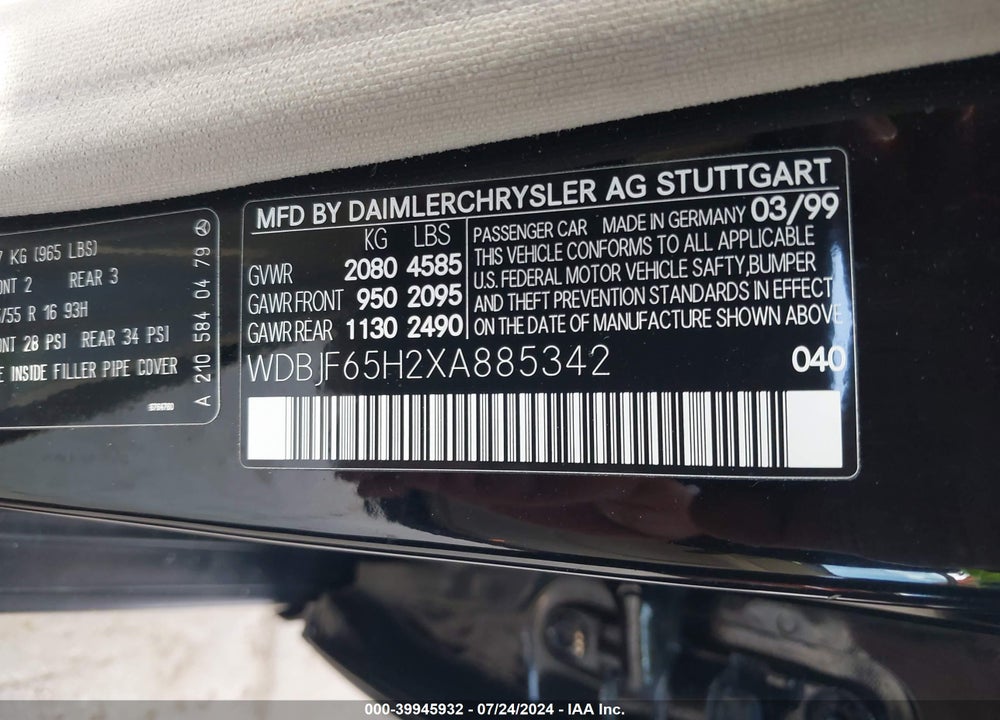 1999 MERCEDES-BENZ E 320 VIN: WDBJF65H2XA885342