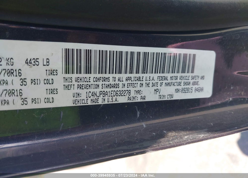 2014 JEEP PATRIOT SPORT VIN: 1C4NJPBA1ED632278