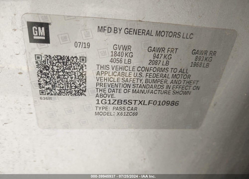 2020 CHEVROLET MALIBU FWD LS VIN: 1G1ZB5STXLF010986