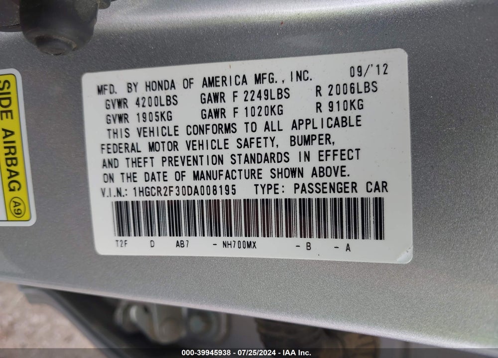2013 HONDA ACCORD LX VIN: 1HGCR2F30DA008195