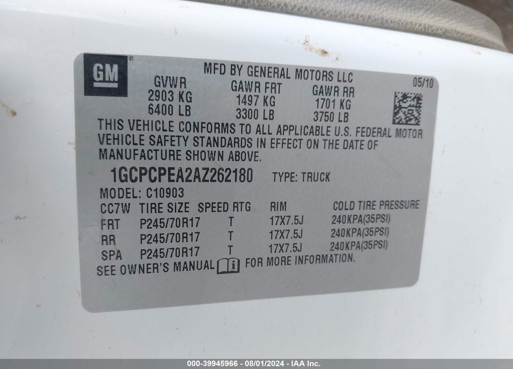 2010 CHEVROLET SILVERADO 1500 WORK TRUCK VIN: 1GCPCPEA2AZ262180