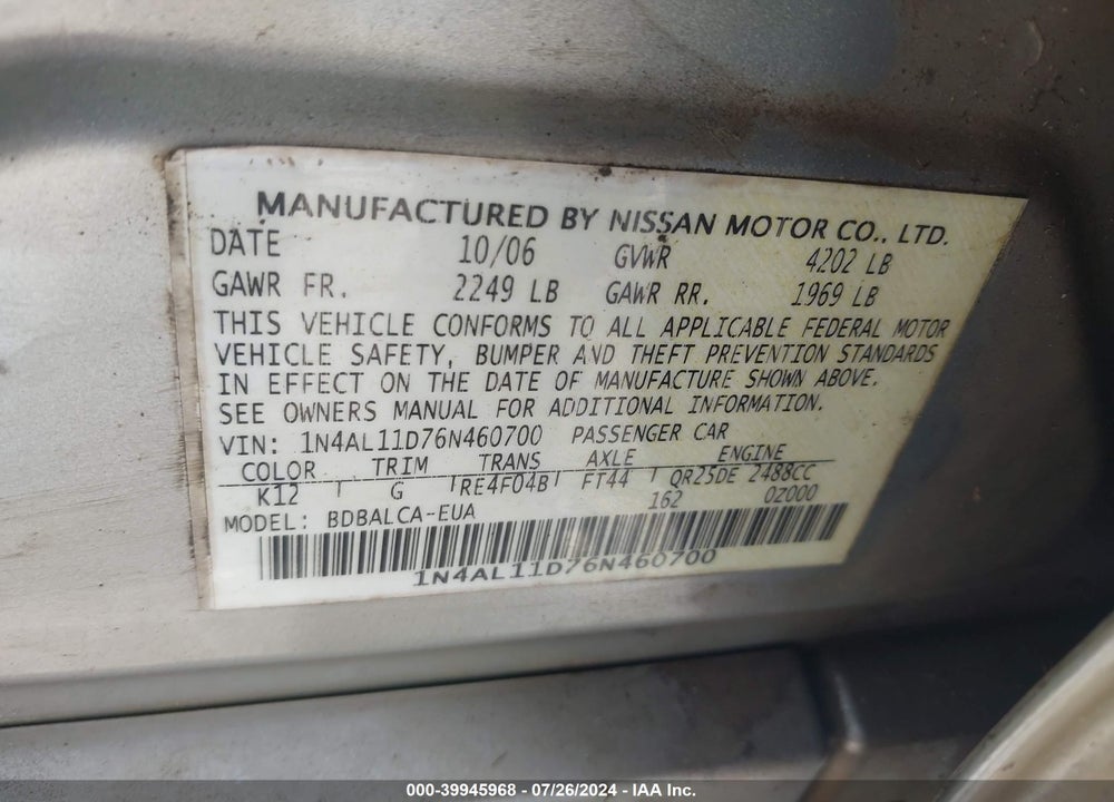 2006 NISSAN ALTIMA 2.5 S VIN: 1N4AL11D76N460700