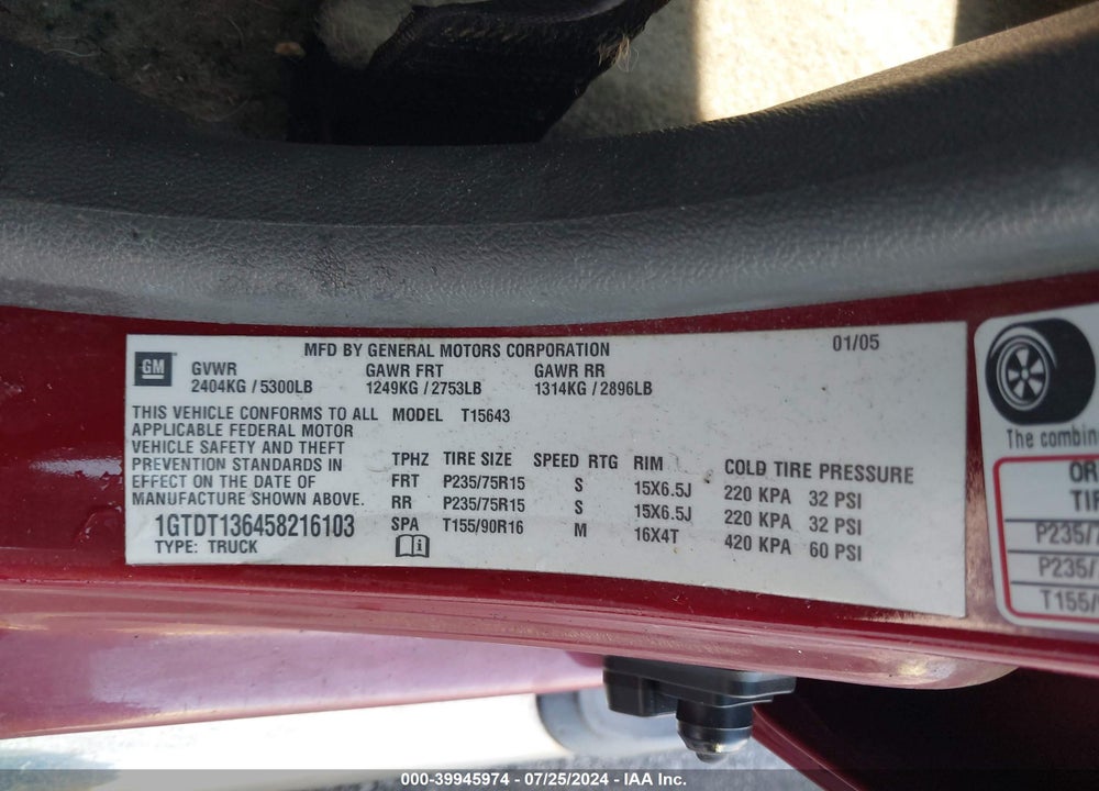 2005 GMC CANYON SLE VIN: 1GTDT136458216103