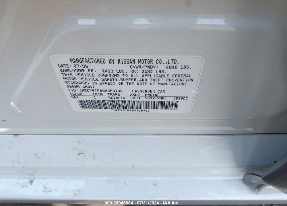 2009 INFINITI G37X VIN: JNKCV61F99M359792