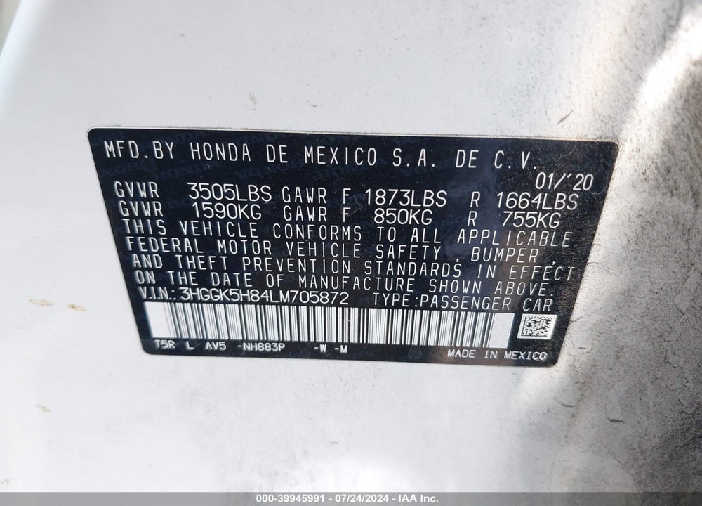 2020 HONDA FIT EX VIN: 3HGGK5H84LM705872