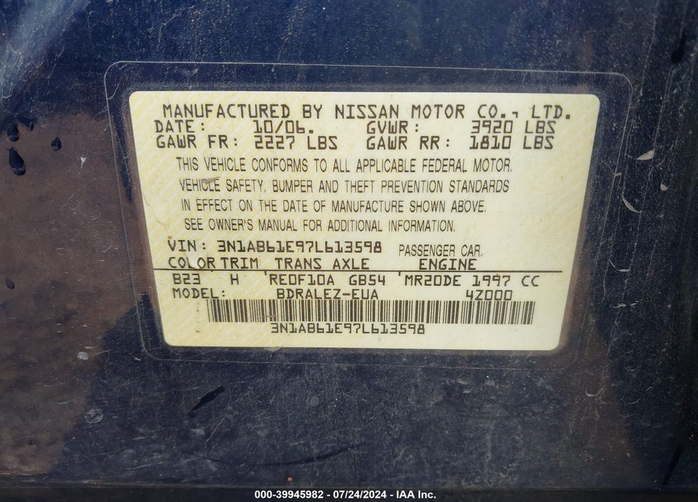 2007 NISSAN SENTRA 2.0S VIN: 3N1AB61E97L613598