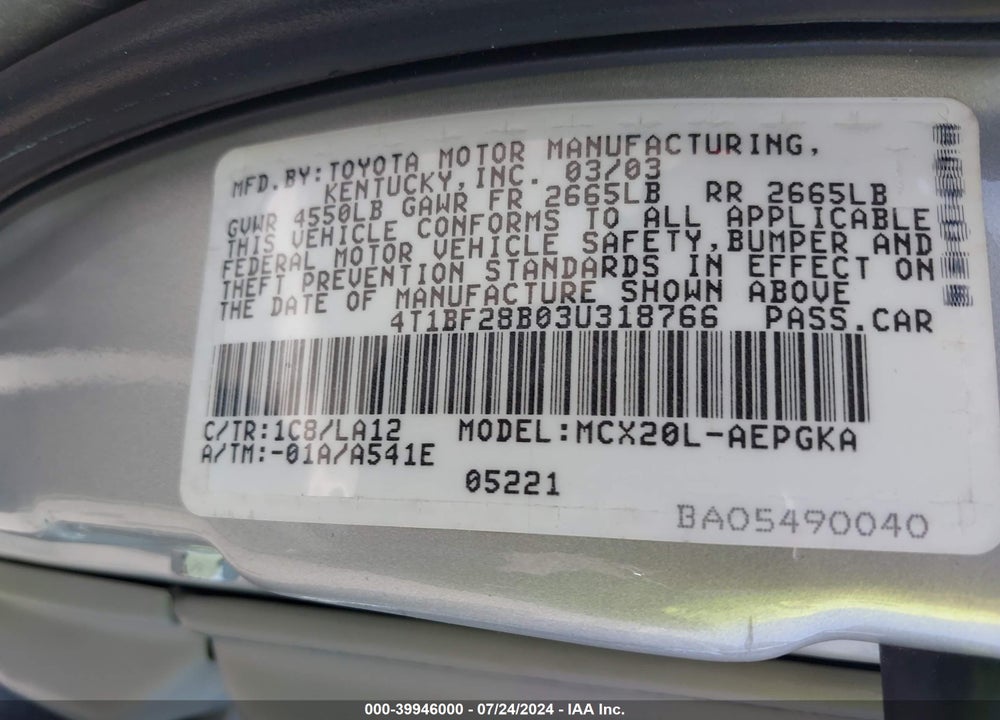 2003 TOYOTA AVALON XLS VIN: 4T1BF28B03U318766