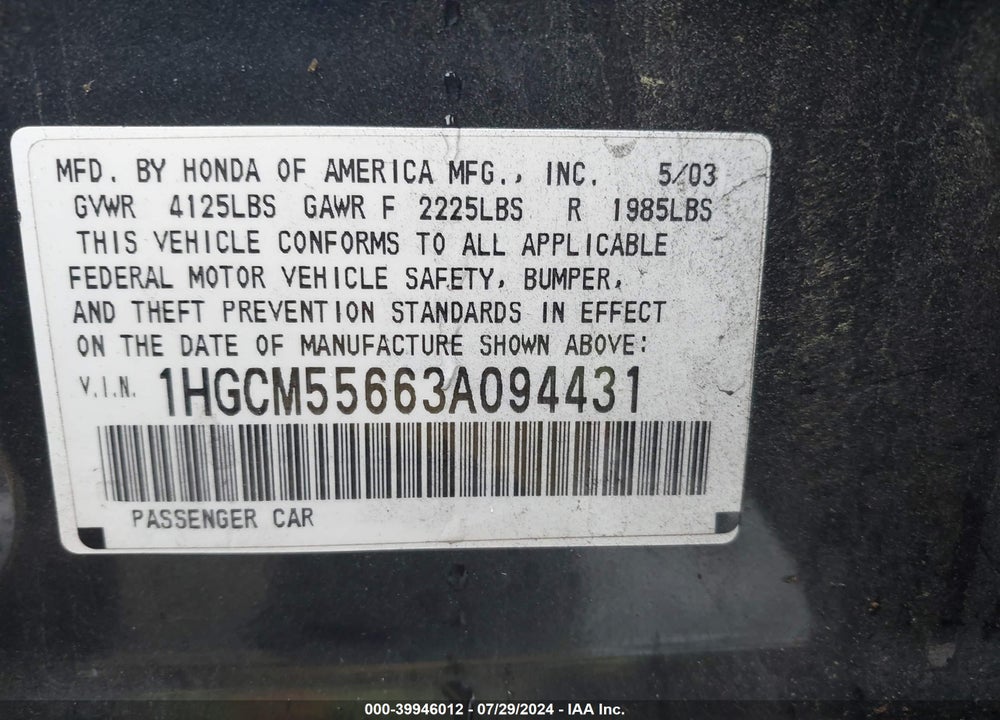 2003 HONDA ACCORD VIN: 1HGCM55663A094431