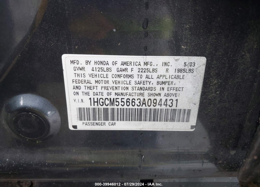 2003 HONDA ACCORD VIN: 1HGCM55663A094431