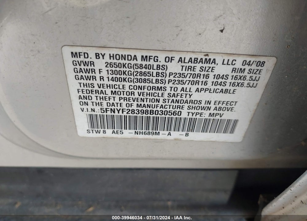 2008 HONDA PILOT SE VIN: 5FNYF28398B030560