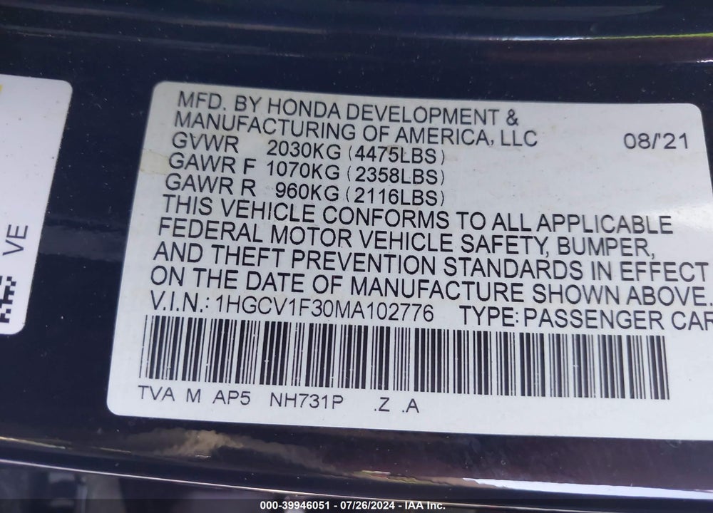 2021 HONDA ACCORD SPORT VIN: 1HGCV1F30MA102776