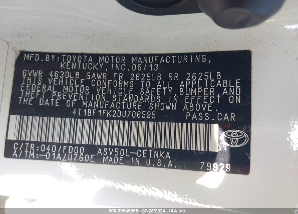 2013 TOYOTA CAMRY LE VIN: 4T1BF1FK2DU706595