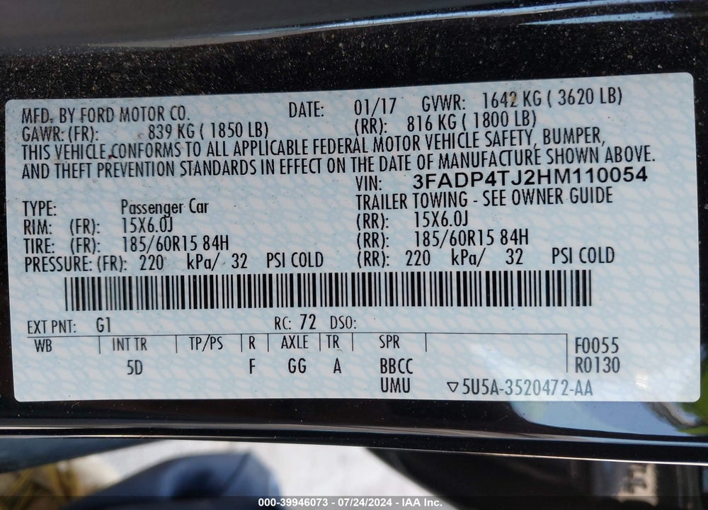 2017 FORD FIESTA S VIN: 3FADP4TJ2HM110054