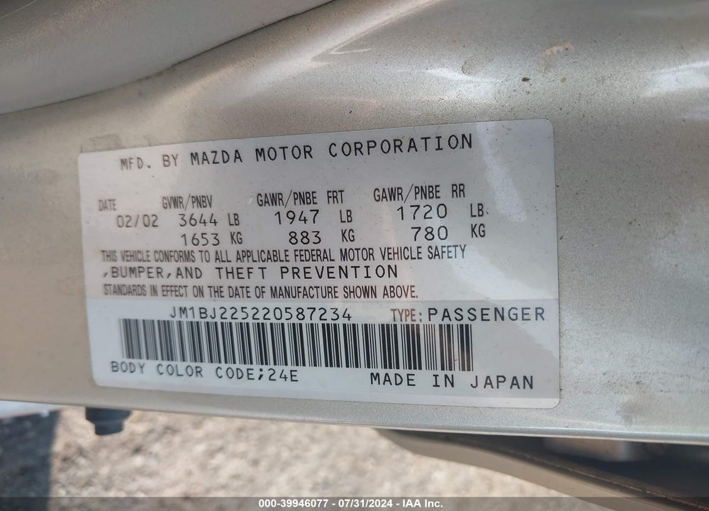 2002 MAZDA PROTEGE DX/ES/LX VIN: JM1BJ225220587234