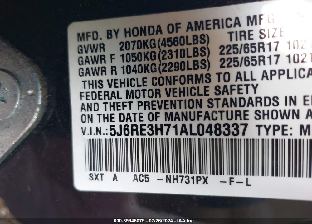 2010 HONDA CR-V EX-L VIN: 5J6RE3H71AL048337
