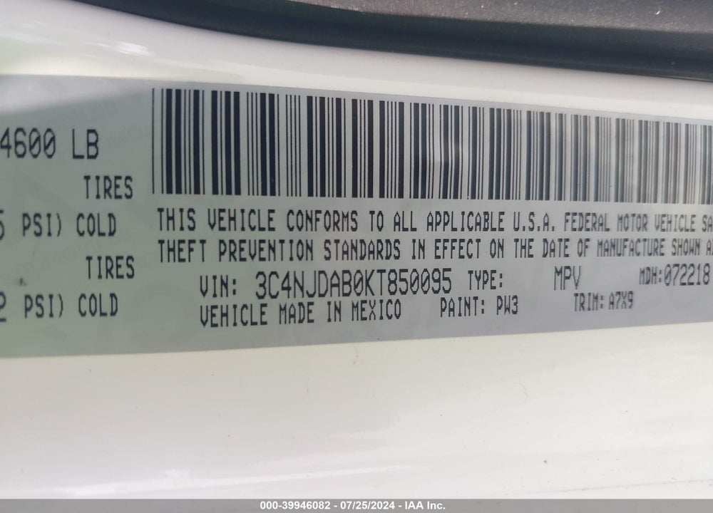 2019 JEEP COMPASS UPLAND EDITION 4X4 VIN: 3C4NJDAB0KT850095