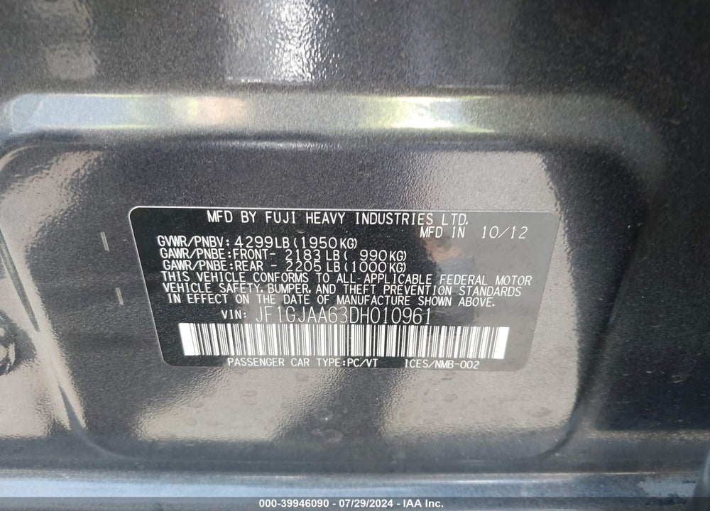 2013 SUBARU IMPREZA 2.0I VIN: JF1GJAA63DH010961