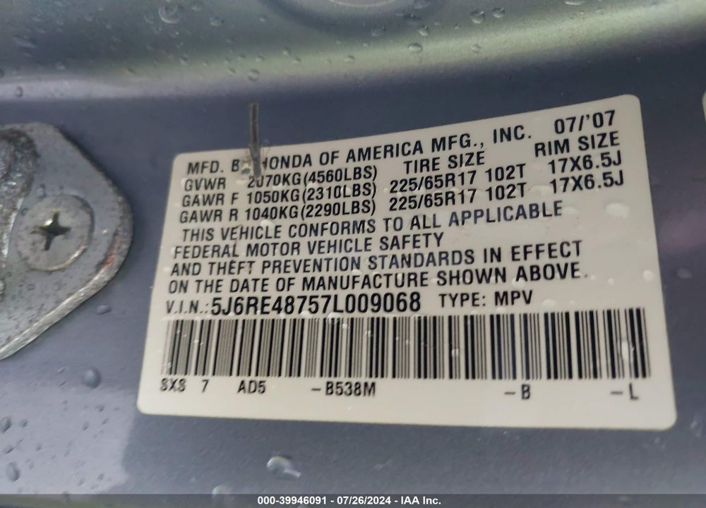 2007 HONDA CR-V EX-L VIN: 5J6RE48757L009068