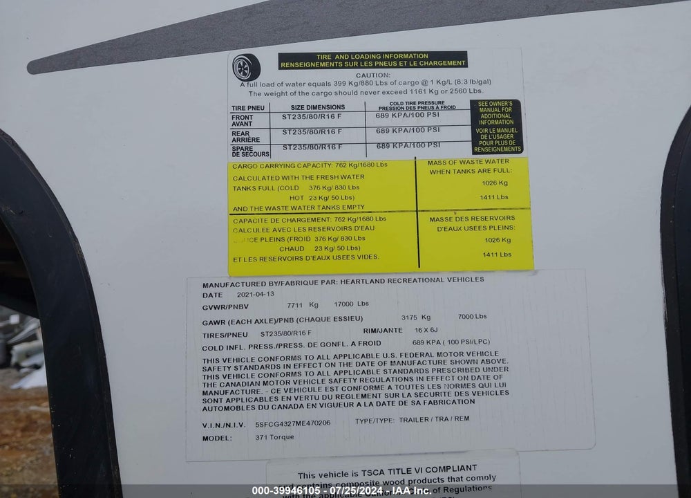 2021 TORQUE TRAVEL TRLR VIN: 5SFCG4327ME470206