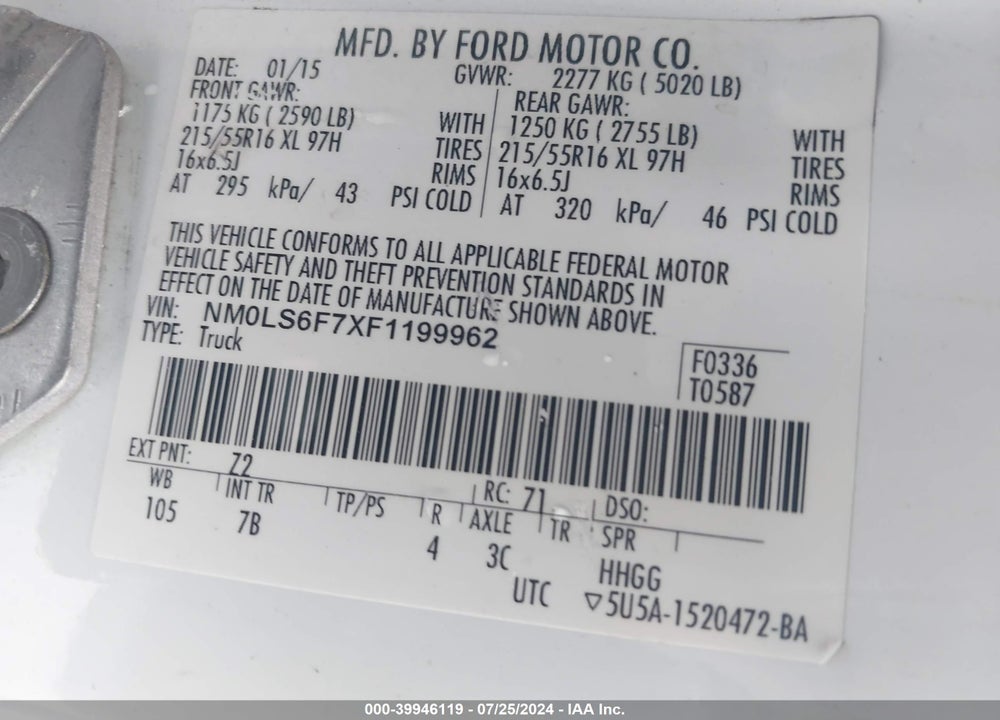 2015 FORD TRANSIT CONNECT XLT VIN: NM0LS6F7XF1199962