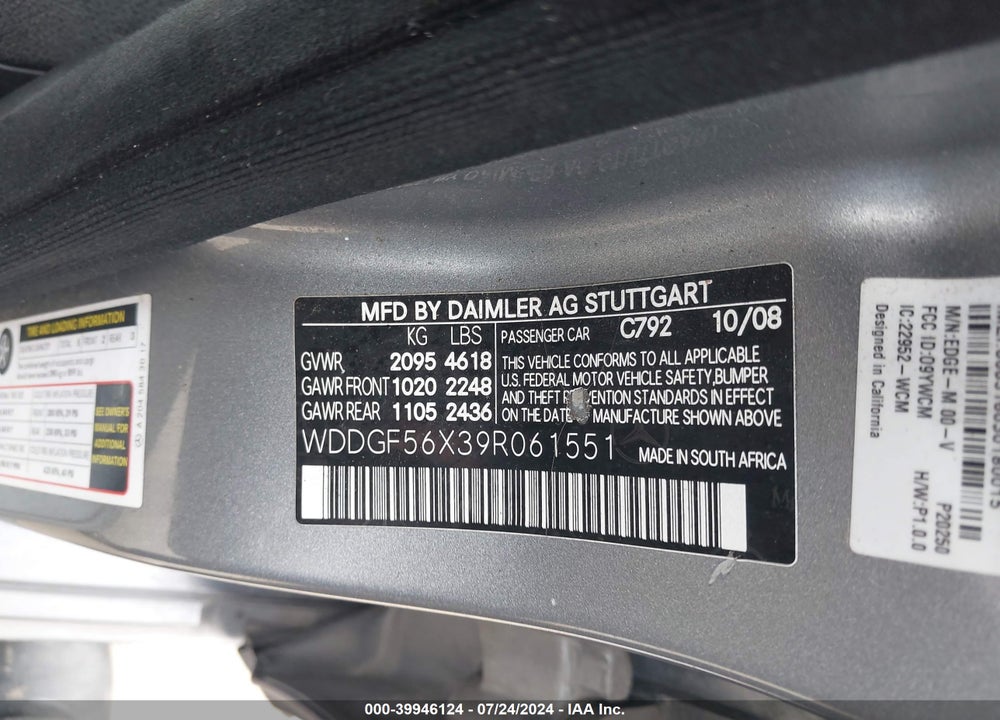 2009 MERCEDES-BENZ C 350 SPORT VIN: WDDGF56X39R061551