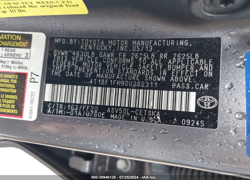 2013 TOYOTA CAMRY VIN: 4T1BF1FK9DU262311