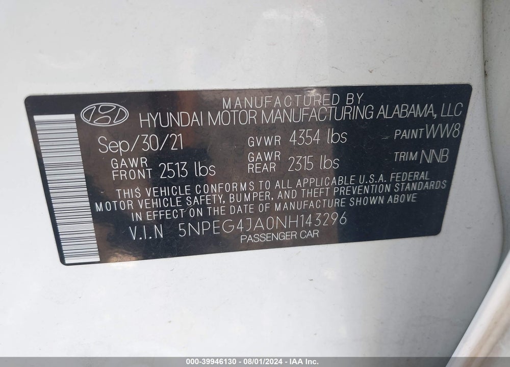 2022 HYUNDAI SONATA SE VIN: 5NPEG4JA0NH143296