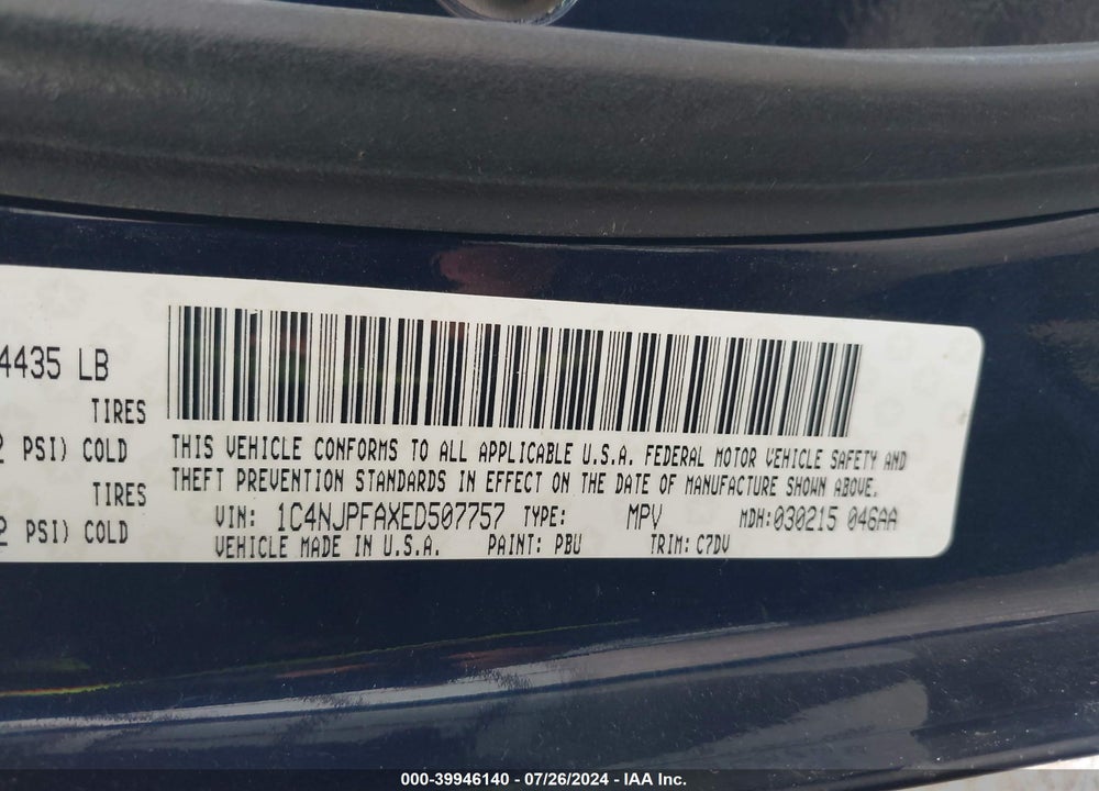 2014 JEEP PATRIOT LATITUDE VIN: 1C4NJPFAXED507757