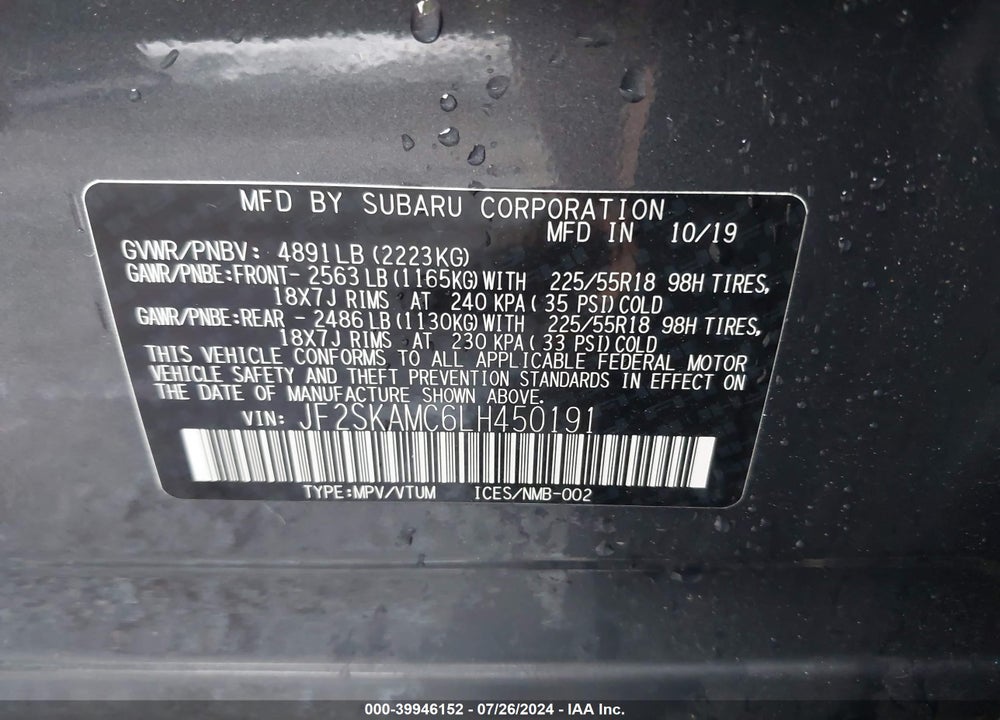 2020 SUBARU FORESTER SPORT VIN: JF2SKAMC6LH450191