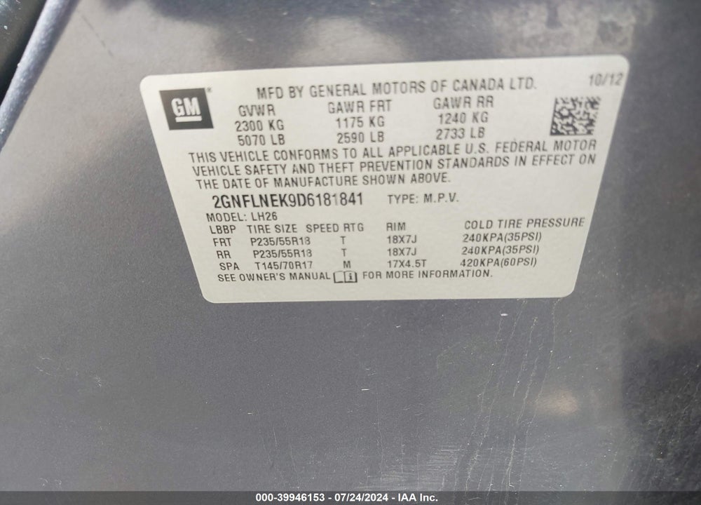 2013 CHEVROLET EQUINOX 2LT VIN: 2GNFLNEK9D6181841