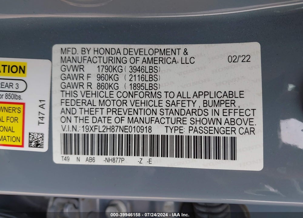 2022 HONDA CIVIC SPORT VIN: 19XFL2H87NE010918