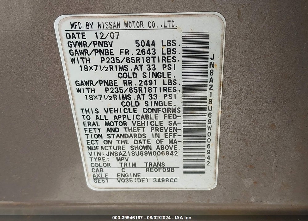 2009 NISSAN MURANO S VIN: JN8AZ18U69W006942
