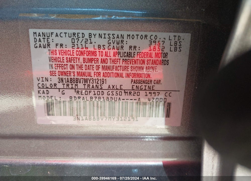 2021 NISSAN SENTRA VIN: 3N1AB8BV7MY312191
